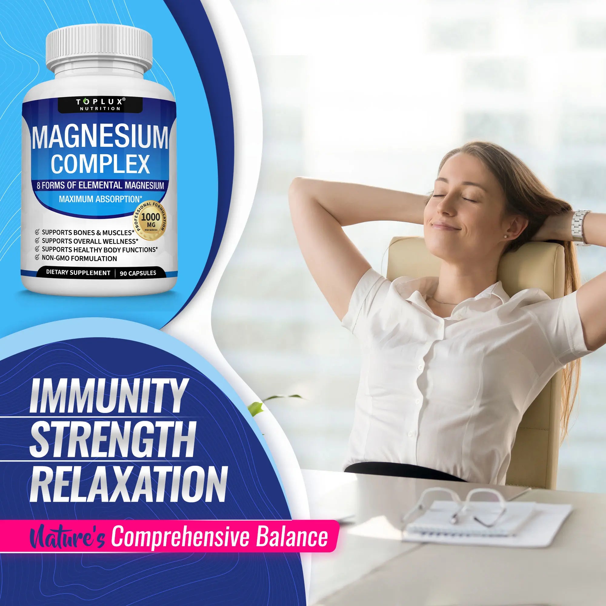 Unlock Restful Nights with Toplux Magnesium Complex - 1000mg of 8 Essential Magnesium Forms for Ultimate Wellness
