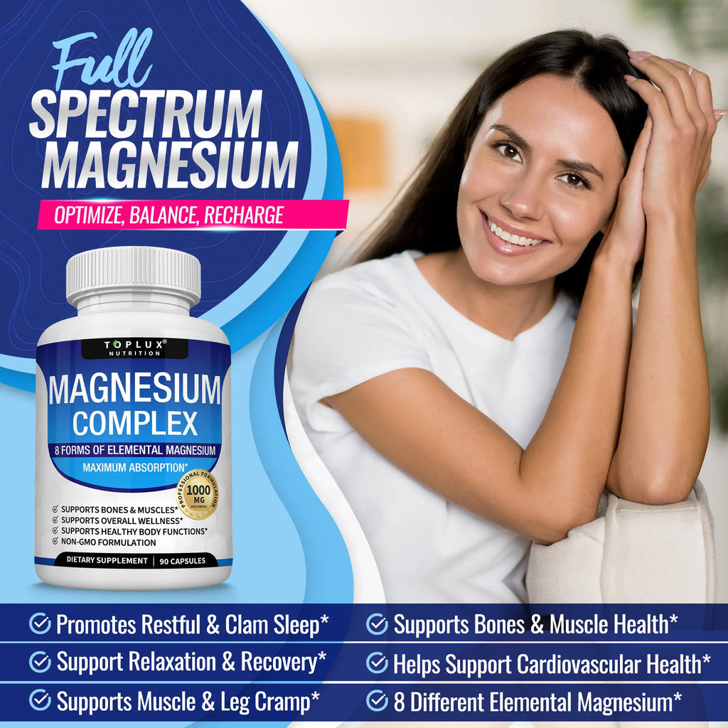 Unlock Restful Nights with Toplux Magnesium Complex - 1000mg of 8 Essential Magnesium Forms for Ultimate Wellness