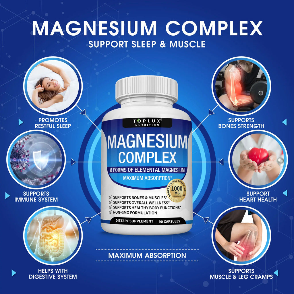 Unlock Restful Nights with Toplux Magnesium Complex - 1000mg of 8 Essential Magnesium Forms for Ultimate Wellness