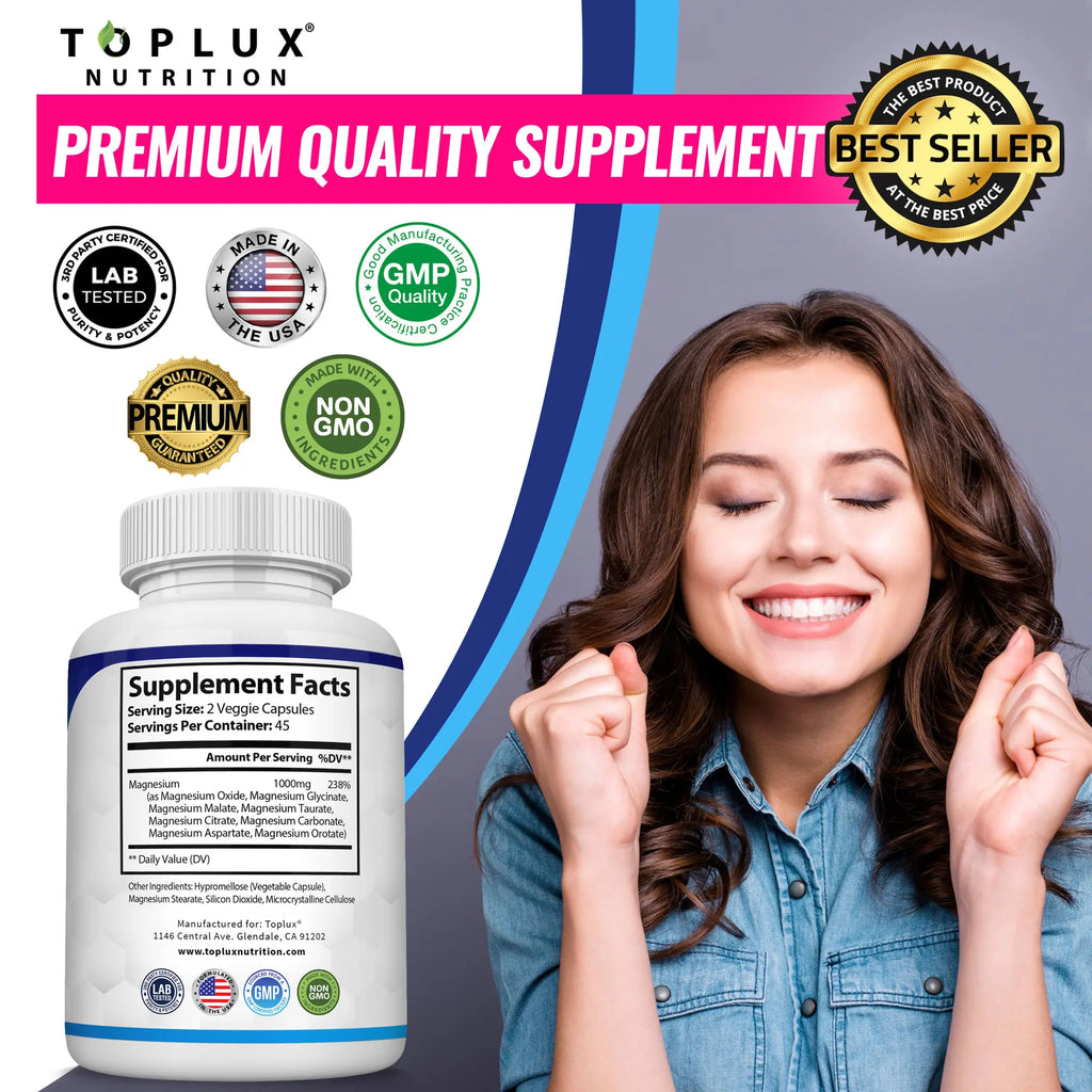 Unlock Restful Nights with Toplux Magnesium Complex - 1000mg of 8 Essential Magnesium Forms for Ultimate Wellness