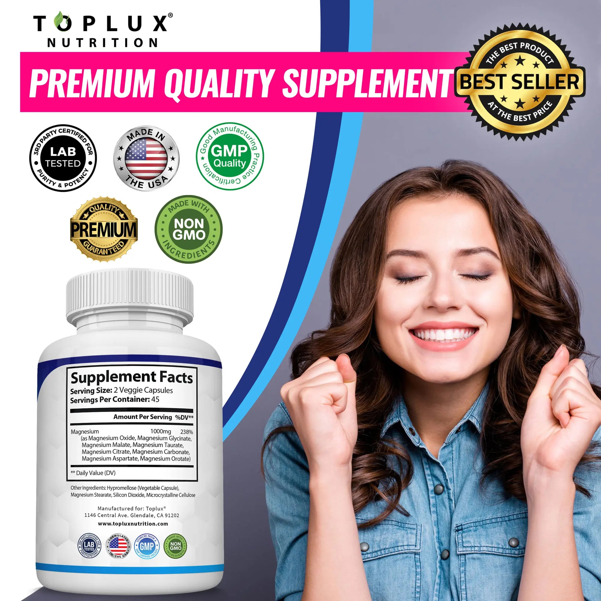 Unlock Restful Nights with Toplux Magnesium Complex - 1000mg of 8 Essential Magnesium Forms for Ultimate Wellness